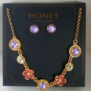 Monet Multi-Colored Flower Gold Tone Necklace & Earring Set